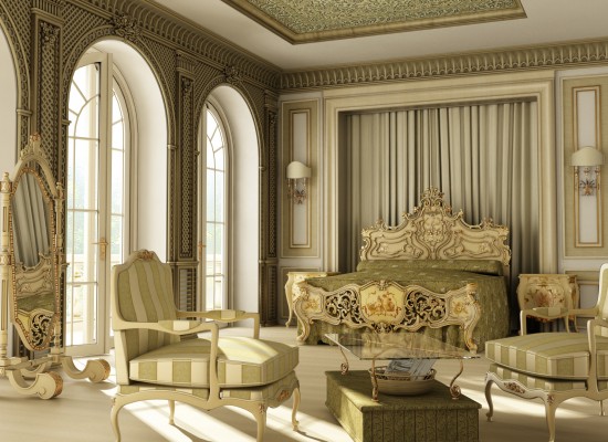 Extravagantní ložnice s okázale luxusním nábytkem
