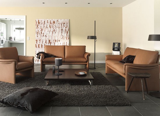 Obývací pokoj s hnědými koženými sedačkami