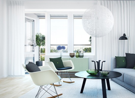 Skandinávský obývací pokoj s plastovými křesly