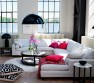 Moderní obývací pokoj s růžovými akcenty